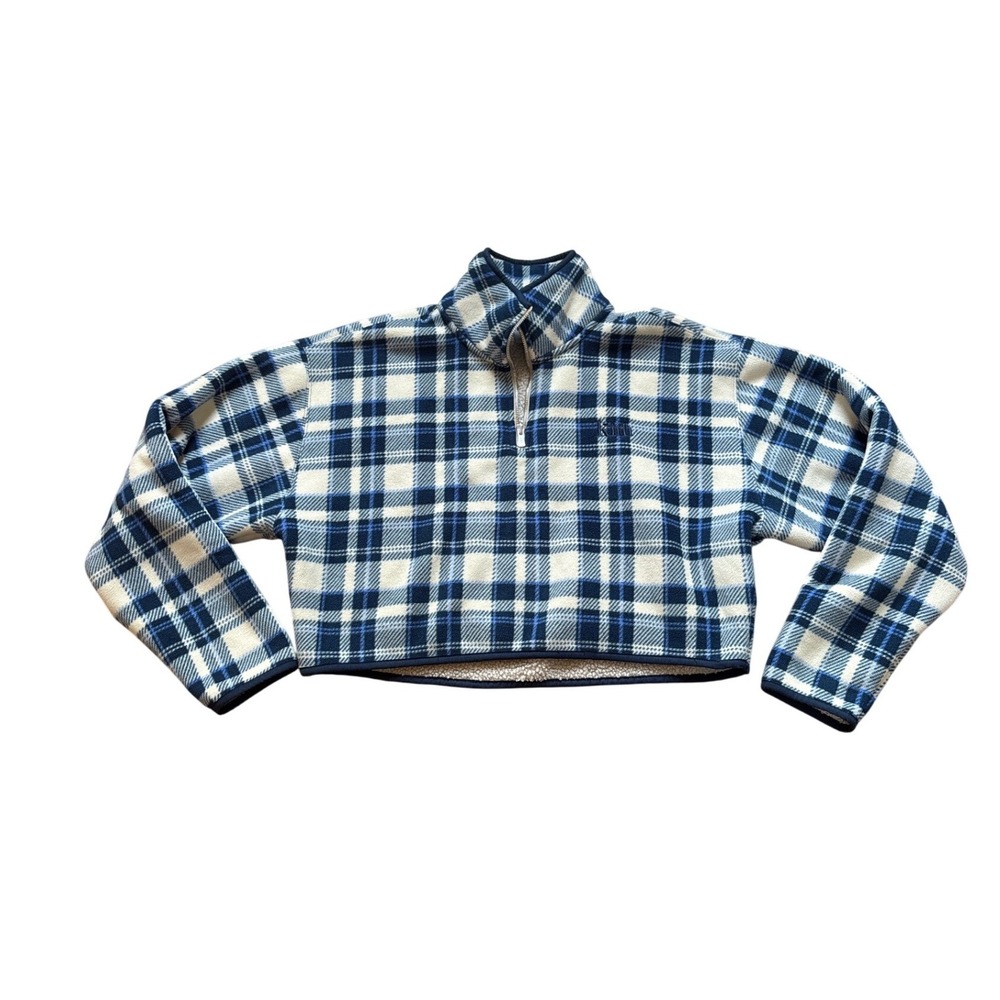 Kith Fleece Pullover Women Blue Plaid Quarter Zip Cropped Sherpa SIZE S